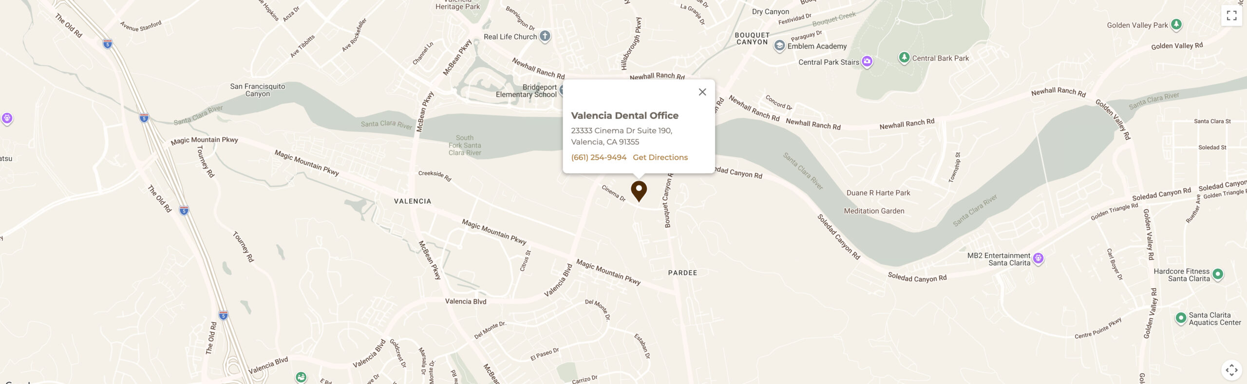 Map showing Valencia Dental Office at 23333 Cinema Dr Suite 190, Valencia, CA 91355